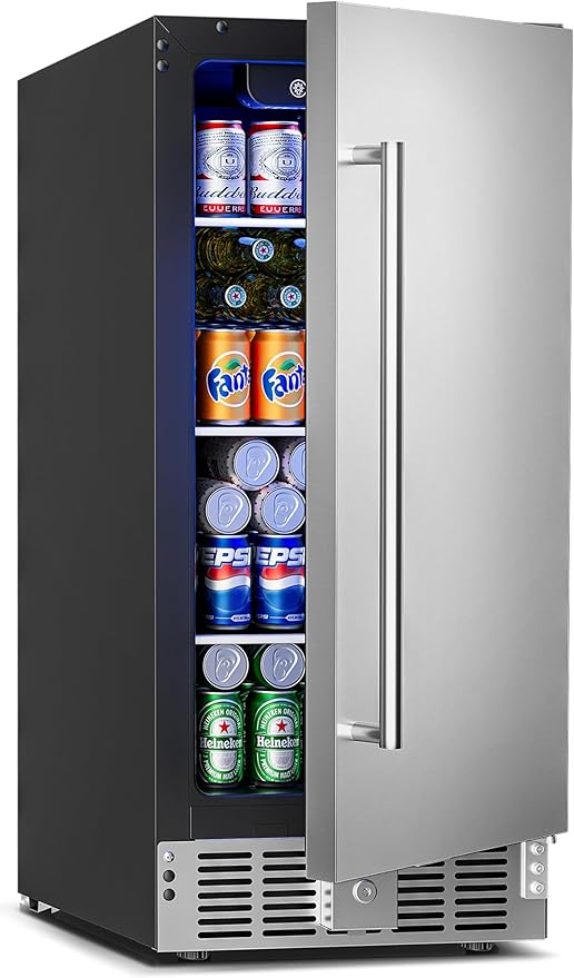 15 Inch Undercounter Beverage Refrigerator - 126 Cans Beverage Fridge with Stainless Steel Door for Beer Wine Soda - Built-in or Freestanding Wine Cooler for Home Kitchen Bar