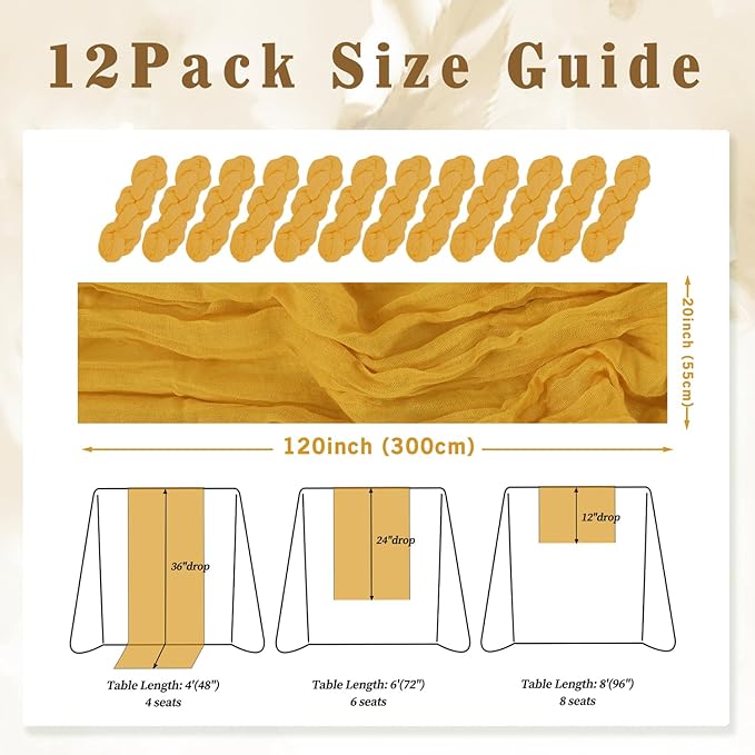 12 Pack Mustard 10FT Cheesecloth Table Runner Rustic Gauze Fabric Cheese Cloth Table Runner for Wedding Bridal Baby Shower Table Decor Boho Sheer Birthday Party Table Decorations 20 x 120 Inch Long