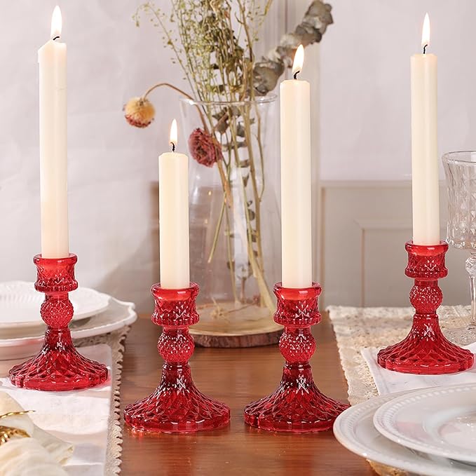 12Pcs Red Candlestick Holders Set- 4" H Taper Candle Holders Bulk, Glass Candle Holders for Activities, Party, Romantic Dinner Table Centerpieces, Festival Gifts & Windowsill Decor