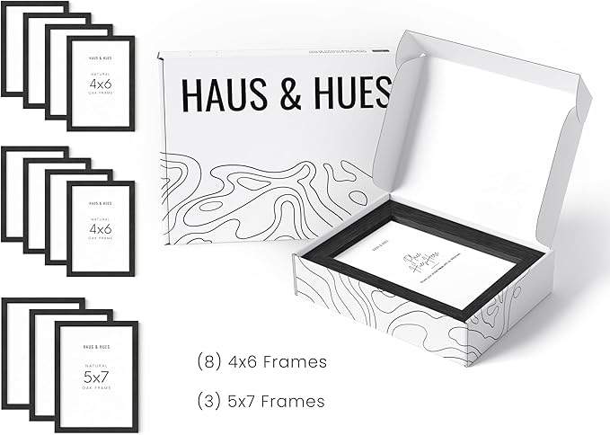 HAUS AND HUES Black Oak Wood Gallery Wall Tabletop Frames Made with Real American Oak and Shatter-free Plexiglass - Set of 11 (Eight 4x6, Three 5x7, Framed Black)
