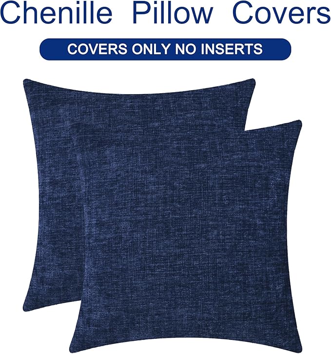 CaliTime Throw Pillow Covers Decorative 18 X 18 Inches Pack of 2 Cozy Chenille Cushion Cases for Couch Sofa Bed Living Room Home Navy Blue