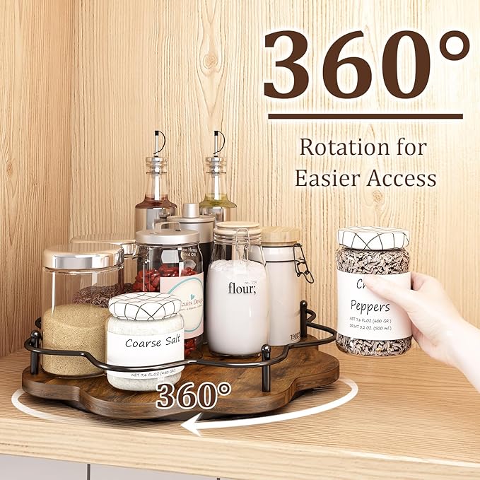 12" Lazy Susan Turntable Organizer,Round Wooden Lazy Susan Organization and Rotating Spice Rack for Dining Table,Pantry,Kitchen Countertop,Vanity,Cupboard and More.Vintage Wood(Petal Shape)