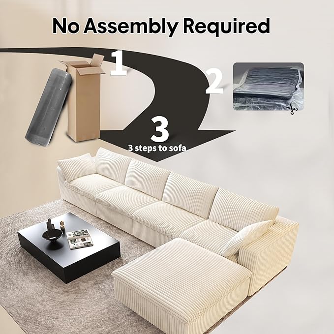 157.5" L Shaped Modern Sofa Modular Sectional Cloud Couch with Ottoman,Deep Seat Upholstered Couches with Corduroy Fabric for Living Room Furniture,Bedroom and Apartment,No Assembly Required,White
