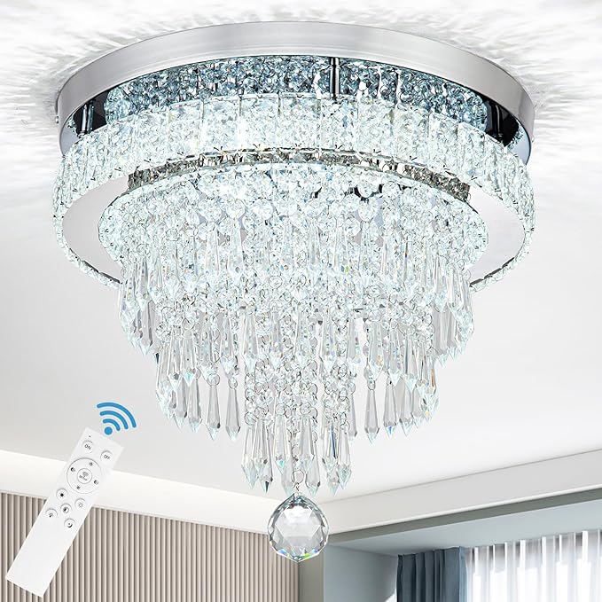 16“ Crystal Chandeliers Round Modern LED Chandelier Light Flush Mount Ceiling Light Fixtures with Remote Control for Bedroom Living Room Dining Room (dimmable)