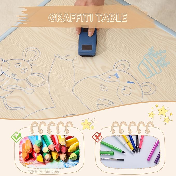 Height-Adjustable Kids Table and Chairs, 31.5''L x 23.6''W Toddler Table and 4 Chairs Set with Anti-Slip Foot Covers, Children Activity Table for Ages 2-10, Graffiti Desktop