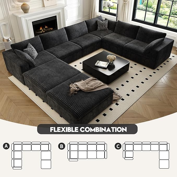 157.5" Cloud Couch Oversized Modular Sectional Sofa for Living Room,Modern Sofa with Deep Seat,8 Seater Boneless Couch with 2 Ottoman,Comfy Upholstered Couches for Apartment, Studio, Office,Black