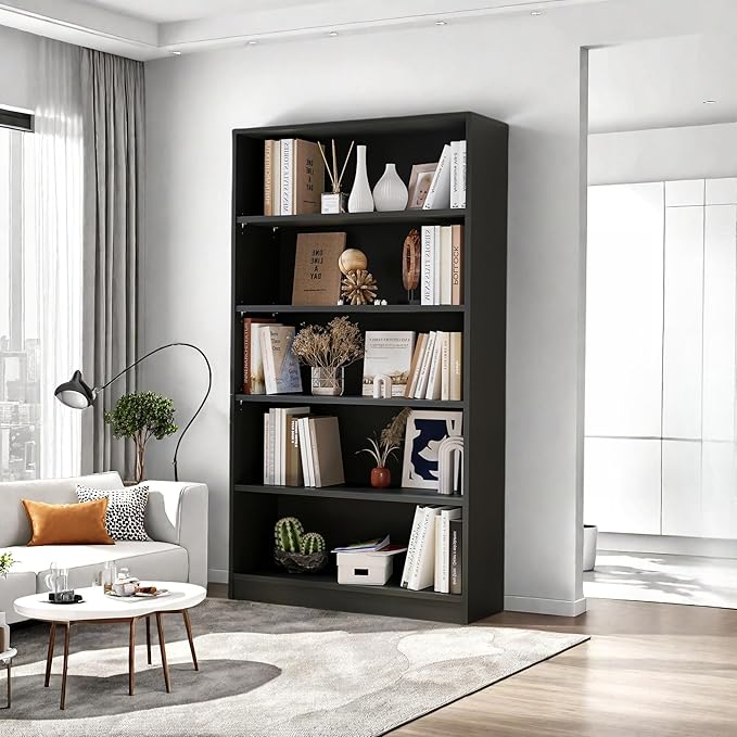 Bookshelf, Open Modern Bookshelf, 5 Shelf Bookcase with Freestanding Display Storage, Wooden Book Shelf for Bedroom, Living Room, Dinning Room, Office, 60 Inch, Black