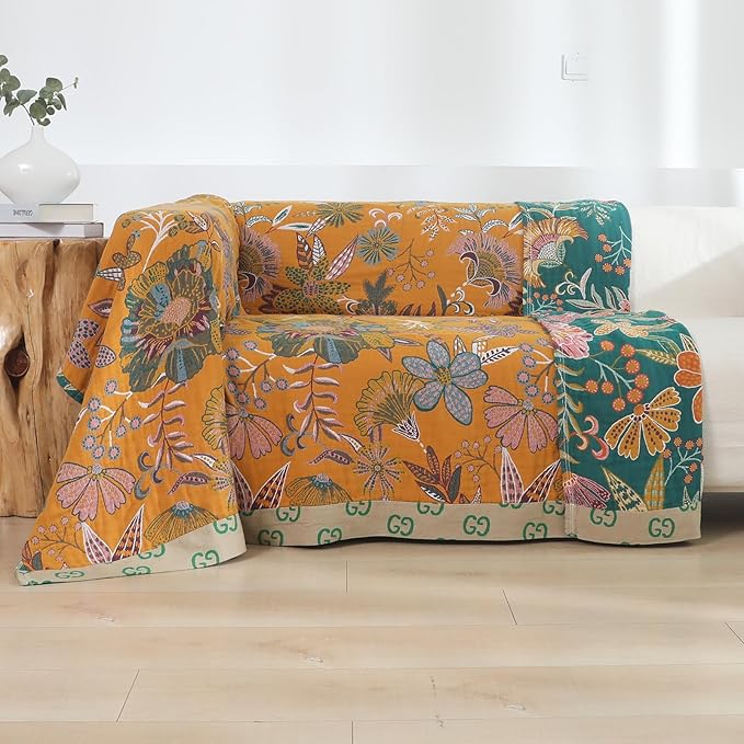 Boho Throw Blankets Reversible Luxurious Cotton Bed Throws with Vintage Bohemian Design & Yellow/Green Lightwight Floral Decor Blanket, Perfect as Bed Sofa Quilt 60" x 80"