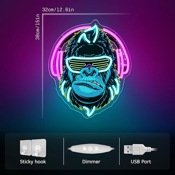 Headphones Gorilla Neon Sign Dimmable Kong Led Neon Light for Wall Decor,Game Room,Man Cave,Home Party Bar Decor,USB Powered Led Sign