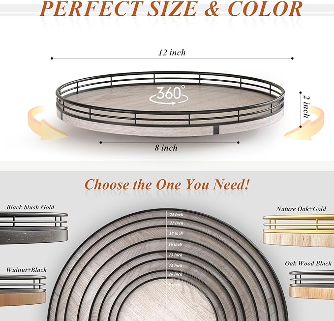 12" Farmhouse Lazy Susan for Kitchen & Coffee Table Decor โ Rustic Wood Tray with Black Metal Frame, Decorative Centerpiece for Dining Room, Ottoman, Living Room, Serving or Vanity Use