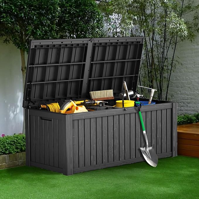 150 Gallon Outdoor Storage Cabinet, Large Outdoor Storage Box for Patio Furniture Covers, Cushion Pillows, Waterproof Deck Box with Lockable Lid for Garden Tools, Pool Accessories, Black