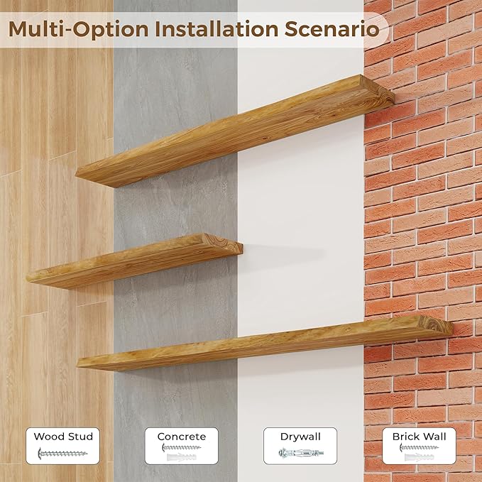 Axeman 36 inch Floating Shelves for Wall - 8'' D Live Edge Rustic Solid Elm Wood Floating Shelves Wall Mounted, Wall Shelves with Invisible Bracket for Living Room Bedroom Kitchen, Set of 2 Natural