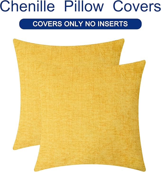 CaliTime Throw Pillow Covers Decorative 22 X 22 Inches Pack of 2 Cozy Chenille Cushion Cases for Couch Sofa Bed Living Room Home Mustard Yellow
