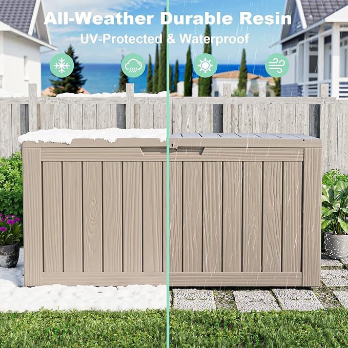 87 Gallon Deck Box Large Outdoor Storage for Patio Furniture,Outdoor Cushions,Garden Tools and Pool Supplies,Waterproof,Resin,Lockable(Grey)