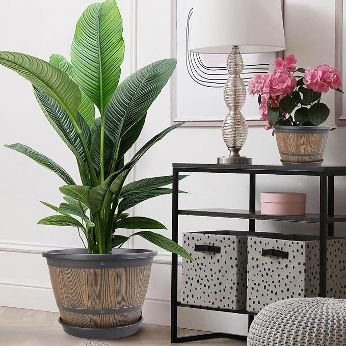 16-inch-Plant-Pots-Indoor-Outdoor, 4 Pack Large Whiskey Barrel Planters with Drainage Holes & Saucer, Plastic Flower Pots Imitation Wine Barrel Design, Decorative Garden Pots for Plants