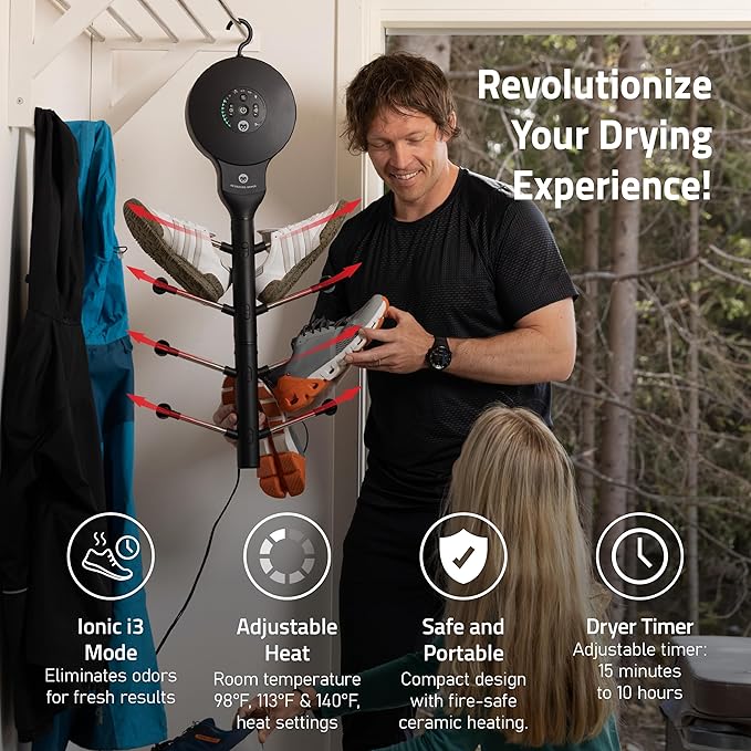 Hedgehog Hanger Shoe Dryer and Deodorizer for Sneakers, Gloves & Mittens – Rapid 4 Pair Shoes Dryer with Ionic i3 Turbo Technology, Turbocharged Drying, Silent & Tornado Mode, Adjustable Heat, Black