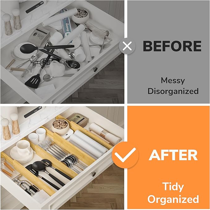 BAMEOS 3" H Bamboo Drawer Dividers - Adjustable Expandable Drawer Organizer - Kitchen, Bathroom, Bedroom & Office, 4-pack