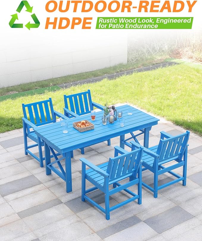 HDPE Patio Dining Set, 5-Piece Outdoor Table and Chairs with Umbrella Hole, Modern Outdoor Dining Set for 4, HDPE Outdoor Patio Furniture Dining Sets for Deck, Poolside, Porch, Sky Blue