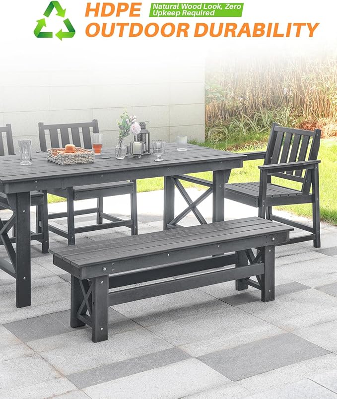 HDPE Outdoor Dining Set of 6, Patio Dining Table Set with 4 Chairs and 1 Bench, 6 Pieces HDPE Dining Set with Umbrella Hole, Outdoor Furniture Sets for Deck, Poolside, Garden, Smoke Gray