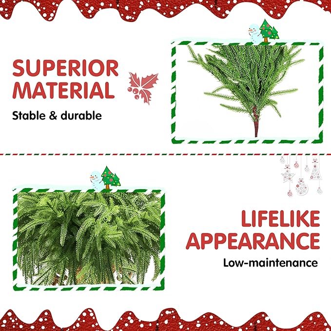 12Pcs Artificial Norfolk Pine Branches 18" Plastic Christmas Plants Decor Faux Greenery Stems Pine Picks Outdoor Faux Plants UV Resistant for Xmas Indoor, Front Porch Home Décor (12, 18inch)