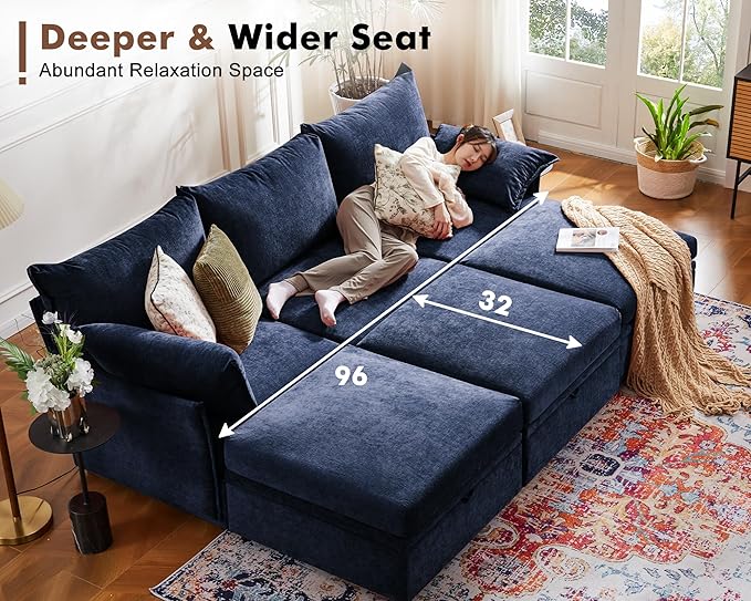 134.6" Oversized Modular Sectional Sofa, 6 Seater U Shaped Couch with Storage Ottoman with Reversible Chaise Deep Seat for Living Room, Apartment - Chenille Blue