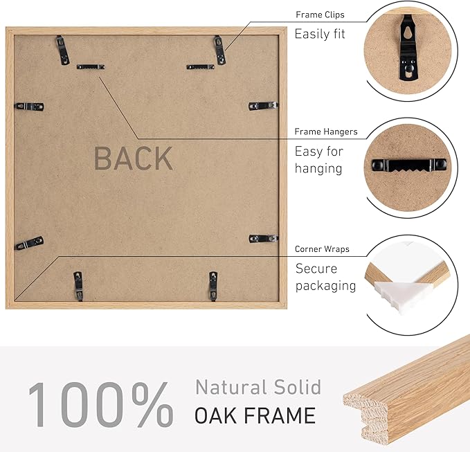 16x16 Picture Frame Natural Solid Oak Photo Frames with 12x12 Removable Mat Wall Hanging Large Handcrafted Frame with HD Plexiglass Wall and Tabletop Display Large Poster Frame