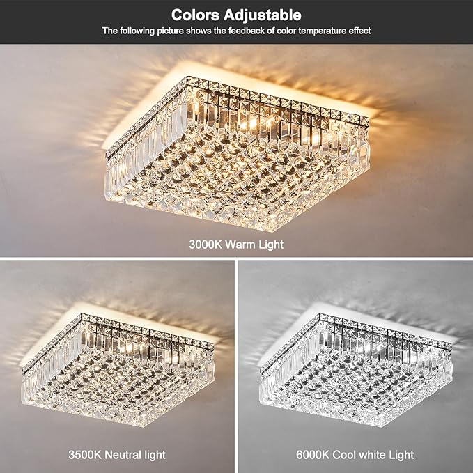12-Lights Black Crystal Flush Mount Ceiling Light Fixtures,Elegant Crystal Chandelier Pendant Ceiling Lamp for Bedroom,Living Room,Dining Room,Hallway H5.9 x W20 x L20 (Bulb Not Included)Square