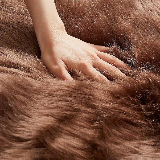 AMTOVO Faux Fur Rug, Coffee Ultra Soft Fluffy Shag Sheepskin Rug, 2 x 6 ft Runner Area Rugs for Bedroom Sofa Throw Cushion Room Decor, Rectangle