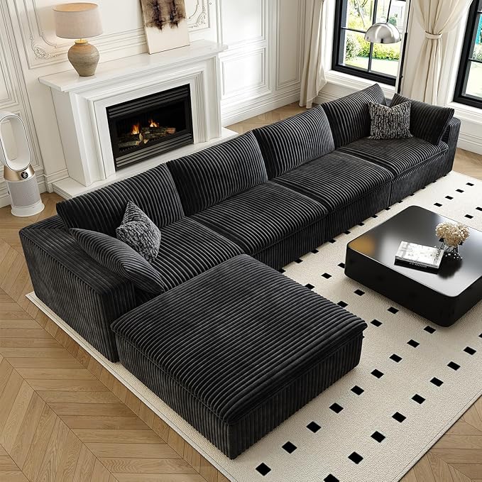 157.5" Cloud Couch Modular Sectional Sofa for Living Room,Modern Sofa with Deep Seat,L-Shape Boneless Couch with Ottoman,Comfy Upholstered Corduroy Couches for Apartment, Studio, Office,Bedroom,Black