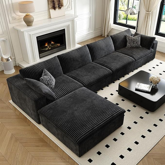 157.5" Cloud Couch Modular Sectional Sofa for Living Room,Modern Sofa with Deep Seat,L-Shape Boneless Couch with Ottoman,Comfy Upholstered Corduroy Couches for Apartment, Studio, Office,Bedroom,Black