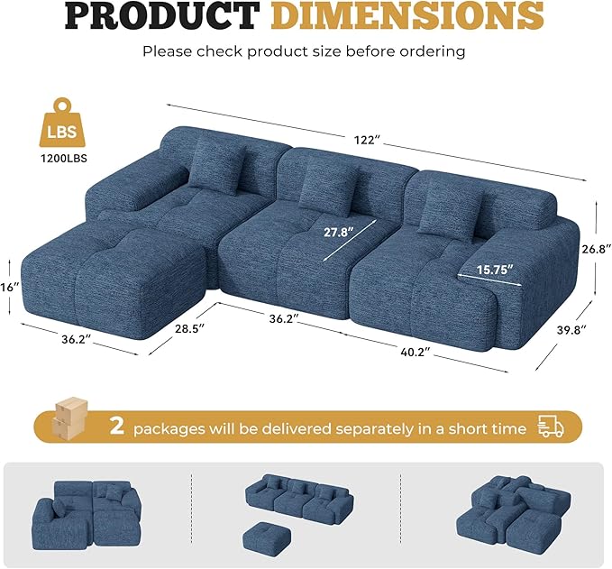 122" Modern L Shaped Modular Sectional Sofa, Boneless Couches for Living Room with Ottoman,4 Seater Convertible Chenille Cloud Couch Sofa Set, No Assembly Required, Blue 1 PCS
