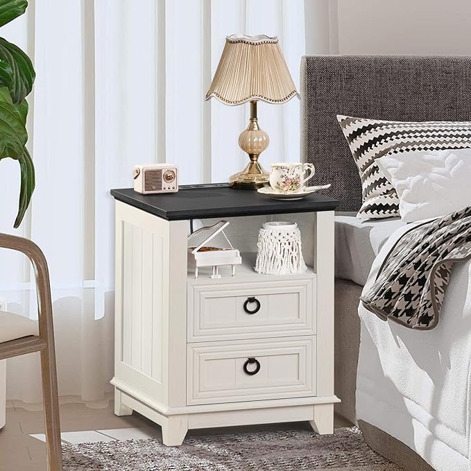 18" Farmhouse Night Stand with Charging Station, 2 Drawers End Table Dresser for Bedroom, White Wooden Nightstand, Bed Side Table with Open Shelf, Bedside Cabinet for Living Room, Closet