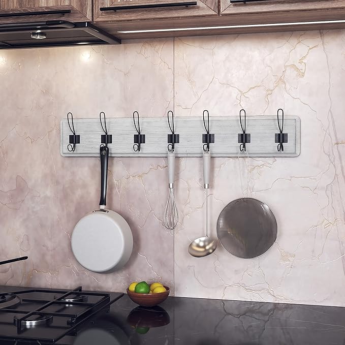 HBCY Creations Whitewash Solid Wood Wall Mounted Coat Rack with Shelf, 7 Hooks, 34" Long - Kitchen, Mudroom, Entryway, Bathroom - Includes Mounting Hardware, Coat Hanger, Dog Leash Hooks, Towel Rack