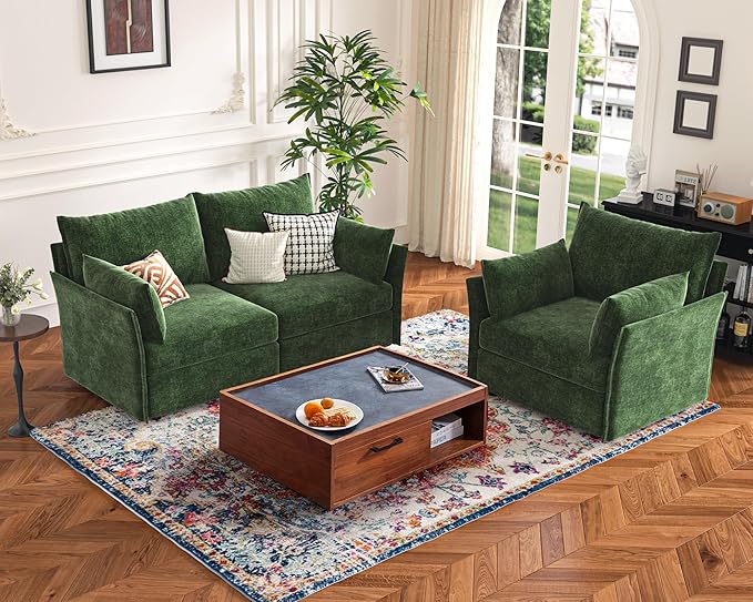 135.5" Oversized Modular Sectional Sofa, L Shaped Convertible Couch with Movable Ottoman, 5 Seat Corner Couches for Living Room Deep Seat Green Chenille
