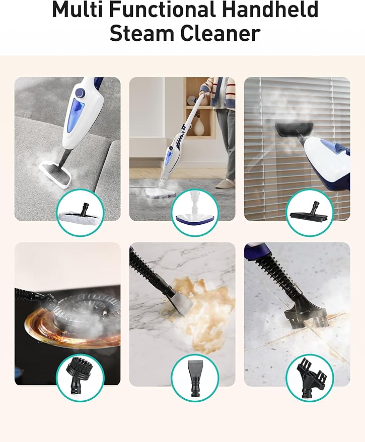 12-in-1 Steam Mop, Fast 15-Sec Heat-Up, 1500W Detachable Handheld Steam Cleaner with 2 Dirt Grip Pads, Removes 99.99% Stubborn Stains for Hardwood Floors, Clothes, Windows, Tiles, Furniture, Blue
