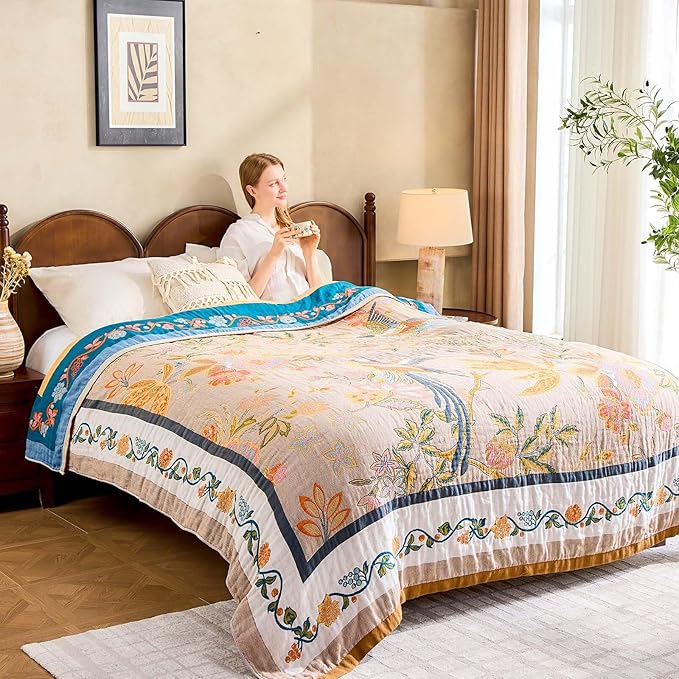 Boho Blanket, 100% Cotton Farmhouse Decorative Throw Blanket, 80"x90" Reversible Bohemian Throw Blanket, Brown All Season Muslin Breathable Woven Blankets Quilt