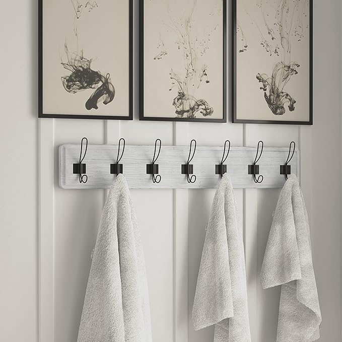 HBCY Creations Whitewash Solid Wood Wall Mounted Coat Rack with Shelf, 7 Hooks, 34" Long - Kitchen, Mudroom, Entryway, Bathroom - Includes Mounting Hardware, Coat Hanger, Dog Leash Hooks, Towel Rack