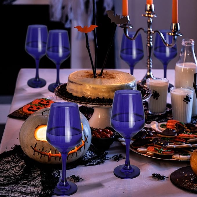 Purple Wine Glasses Set of 6-14oz Long Stem Wine Glass, Pretty Crystal Glassware, Hand Blown Goblets Drinkware, Unique Stemware Wine Glass Holiday Gift Set