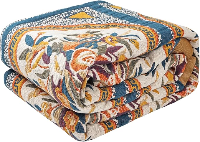 Boho Throw Blanket for Bed - 100% Pure Cotton Ultra Soft Rustic Quilt - Farmhouse Decor Bed Blankets, All Season Rustic Throw for Sofa Couch Chair(80''x 90'', Floral)