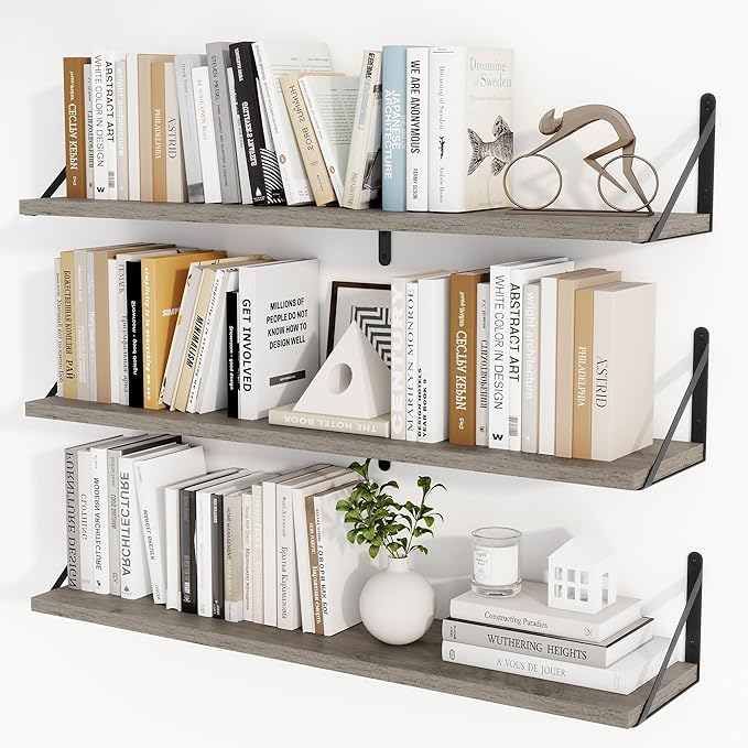 Heimlove 36 Inch Floating Bookshelves Set of 3,Wall Bookshelf Heavy Duty Wall Mounted Bookshelves for Living Room,Bedroom,Kitchen,Laundry Room Storage & Decor,Silver Grey