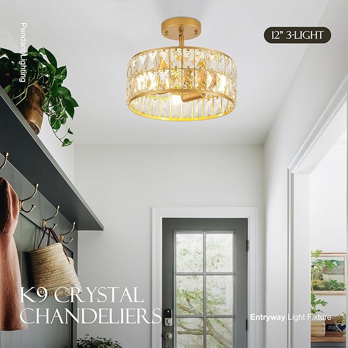 12” 3-Light Modern Crystal Chandeliers Gold Dinning Room Light Fixture, Round Pendant Light Kitchen Island Chandelier, Flush Mount Ceiling Light for Living Room Entryway Bedroom Foyer