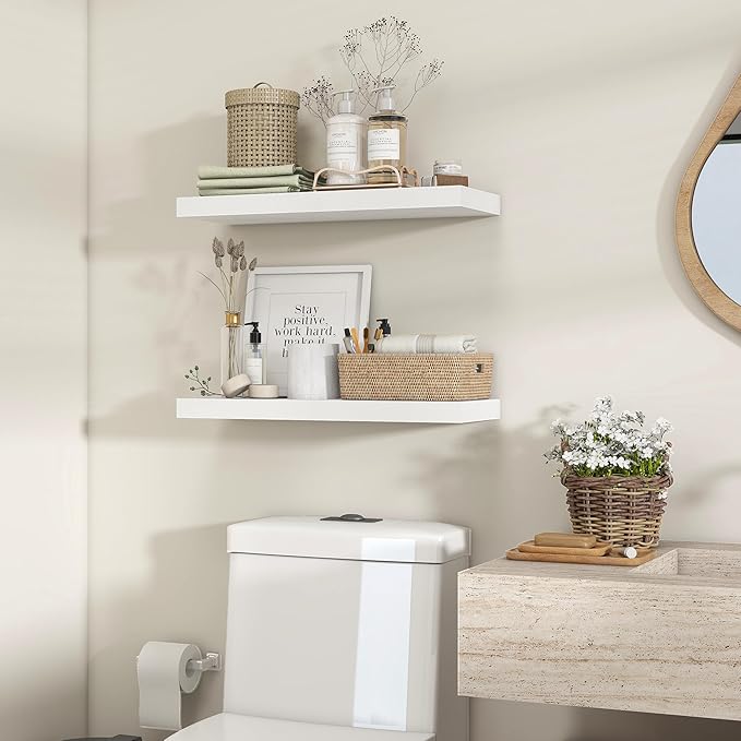 Heimlove 24 inch Floating Shelves for Wall,9.3 inch deep White Wood Shelves with Invisible Brackets,Wall Mounted Storage & Display Shelves for Bedroom,Living Room,Set of 2