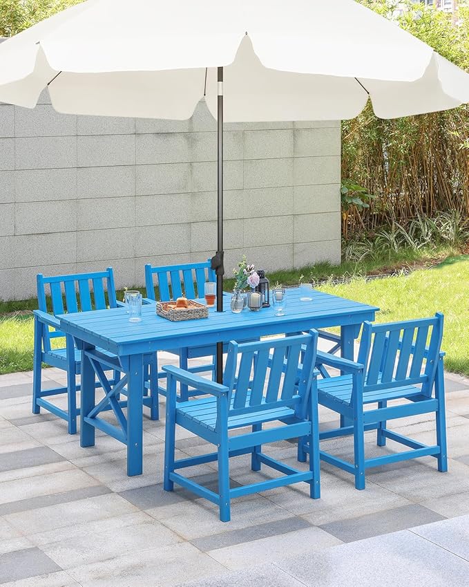 HDPE Patio Dining Set, 5-Piece Outdoor Table and Chairs with Umbrella Hole, Modern Outdoor Dining Set for 4, HDPE Outdoor Patio Furniture Dining Sets for Deck, Poolside, Porch, Sky Blue