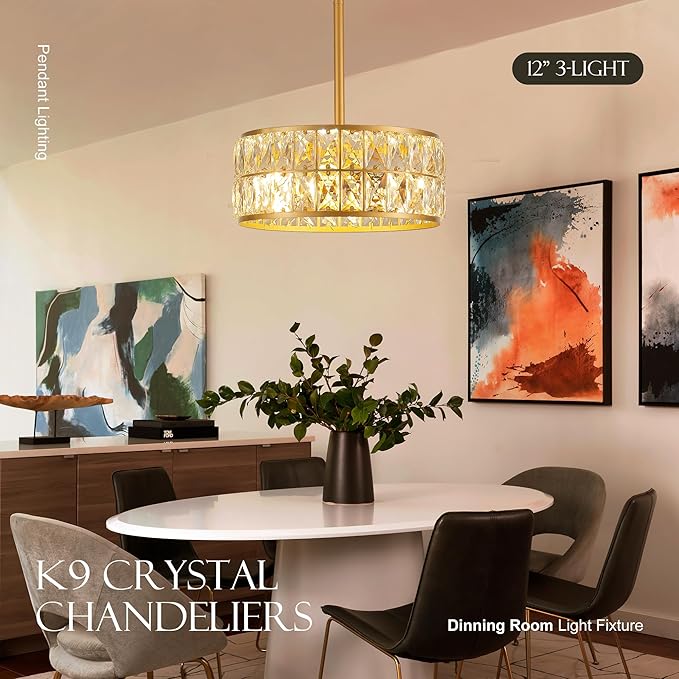 12” 3-Light Modern Crystal Chandeliers Gold Dinning Room Light Fixture, Round Pendant Light Kitchen Island Chandelier, Flush Mount Ceiling Light for Living Room Entryway Bedroom Foyer