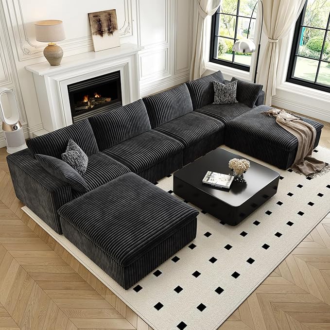 157.5" Cloud Couch Oversized Modular Sectional Sofa for Living Room,Modern Sofa with Deep Seat,U-Shape Boneless Couch with 2 Ottoman,Comfy Upholstered Couches for Apartment, Studio, Office,Black