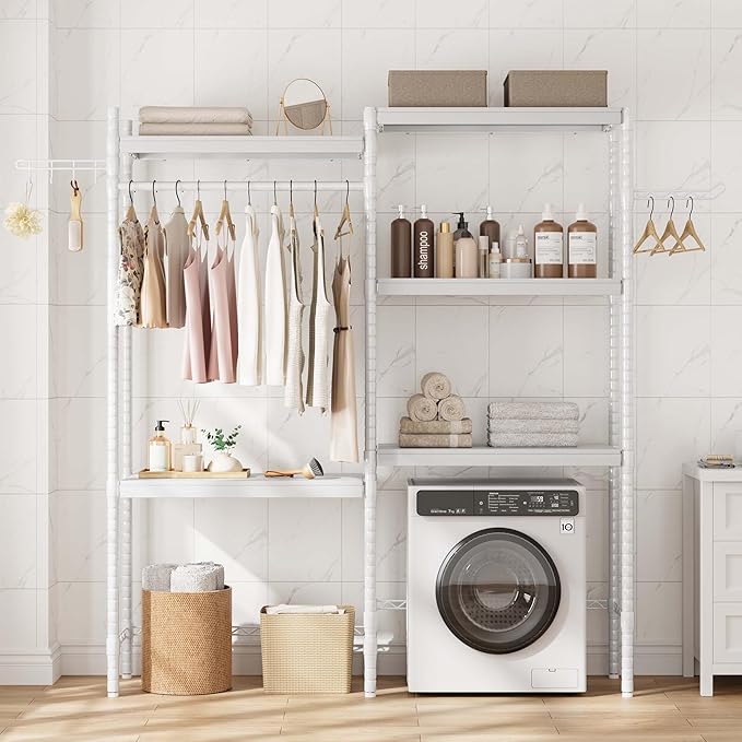 CABIHOME 5-Tier Over-The-Washer Shelf - Adjustable Height Laundry Organizer Space Saver, Double-Layer 100lb Shelves, 2 Hooks for Bathroom/Balcony (White)