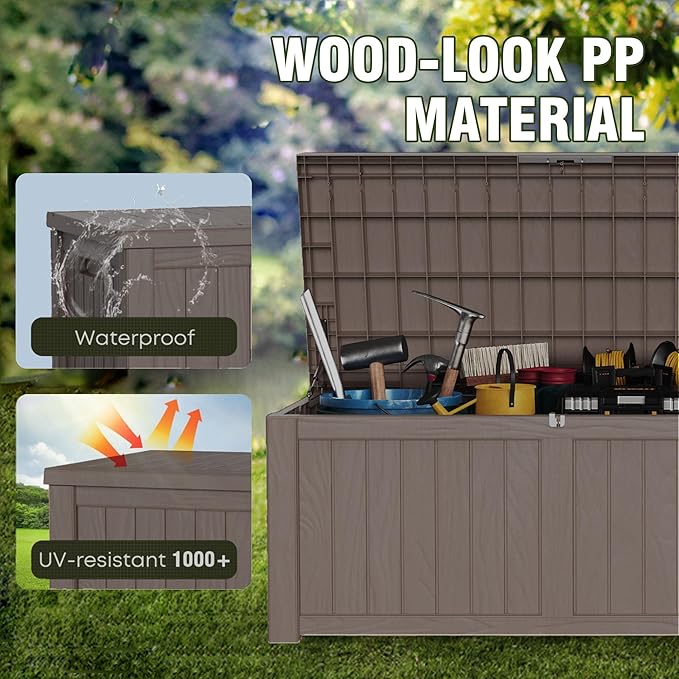 120 Gallon Patio Storage Box, Large Deck Box for Patio Furniture Covers, Cushion Pillows, Waterproof Outdoor Storage Bench for Towels, Garden Tools and Pool Accessories, Grey