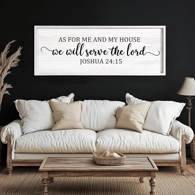 As For Me And My House We Will Serve The Lord Framed Wall Art, 40''×15'' Positive Religious Rustic Bible Verse for Christian God Jesus Christ Prayer, Vintage Horizontal Holy Catholic Scripture Decor