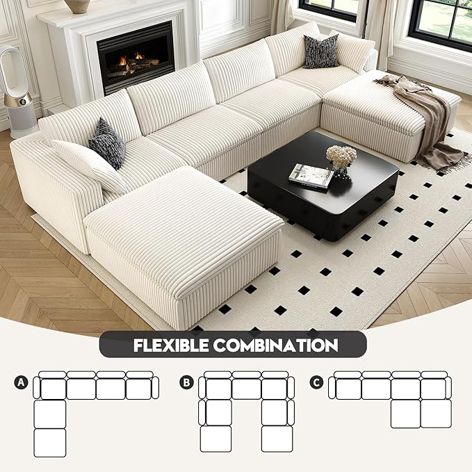 157.5" Cloud Couch Oversized Modular Sectional Sofa for Living Room,Modern Sofa with Deep Seat,U-Shape Boneless Couch with 2 Ottoman,Comfy Upholstered Couches for Apartment, Studio, Office,White
