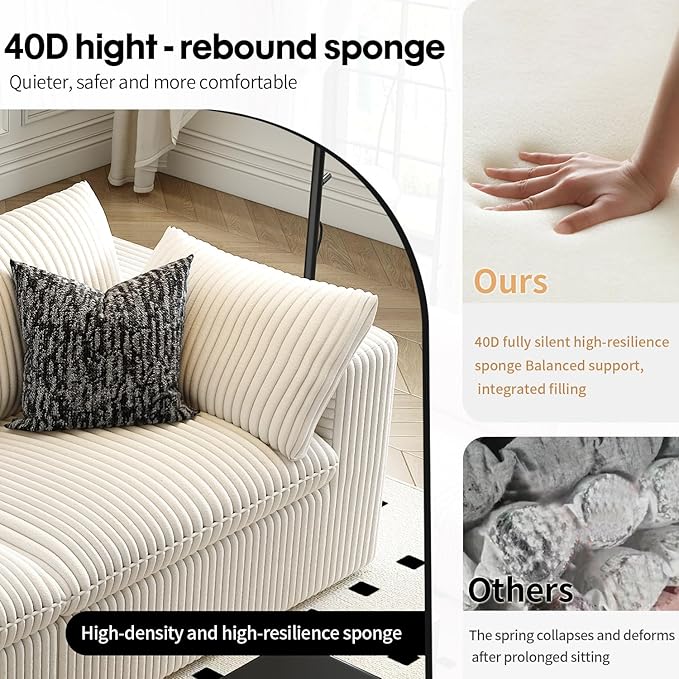 157.5" Cloud Couch Modular Sectional Sofa for Living Room,Modern Sofa with Deep Seat,L-Shape Boneless Couch with Ottoman,Comfy Upholstered Corduroy Couches for Apartment, Studio, Office,Bedroom,White